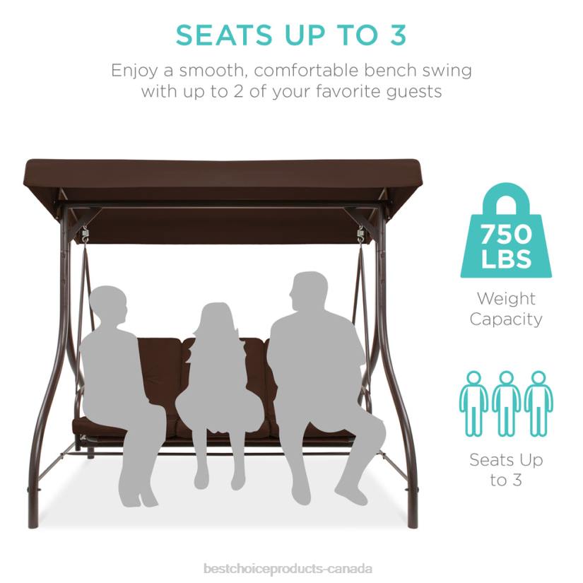 4LT21361 Brown Best Choice Products 3-Seat Outdoor Canopy Swing Glider Furniture w/ Converting Flatbed Backrest