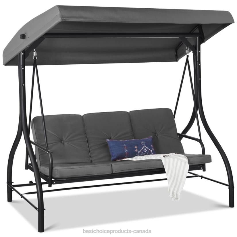 4LT21363 Gray Best Choice Products 3-Seat Outdoor Canopy Swing Glider Furniture w/ Converting Flatbed Backrest