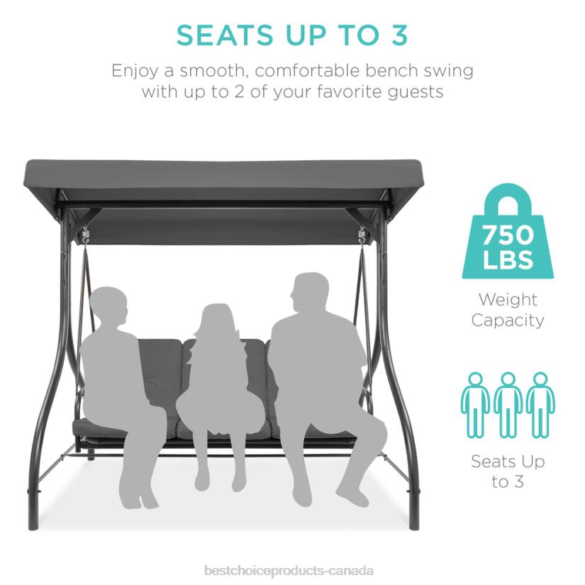 4LT21363 Gray Best Choice Products 3-Seat Outdoor Canopy Swing Glider Furniture w/ Converting Flatbed Backrest