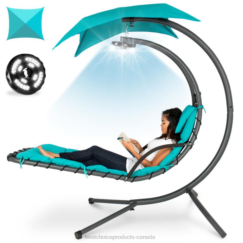 4LT21410 Teal Best Choice Products Hanging LED-Lit Curved Chaise Lounge Chair w/ Pillow, Canopy, Stand