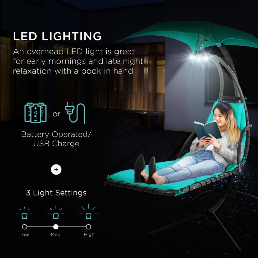 4LT21410 Teal Best Choice Products Hanging LED-Lit Curved Chaise Lounge Chair w/ Pillow, Canopy, Stand