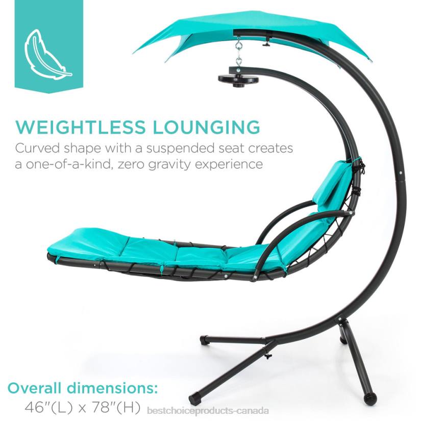 4LT21410 Teal Best Choice Products Hanging LED-Lit Curved Chaise Lounge Chair w/ Pillow, Canopy, Stand