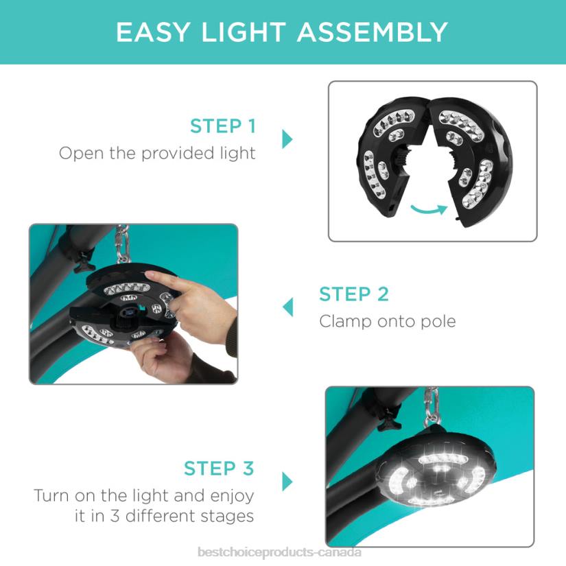 4LT21410 Teal Best Choice Products Hanging LED-Lit Curved Chaise Lounge Chair w/ Pillow, Canopy, Stand
