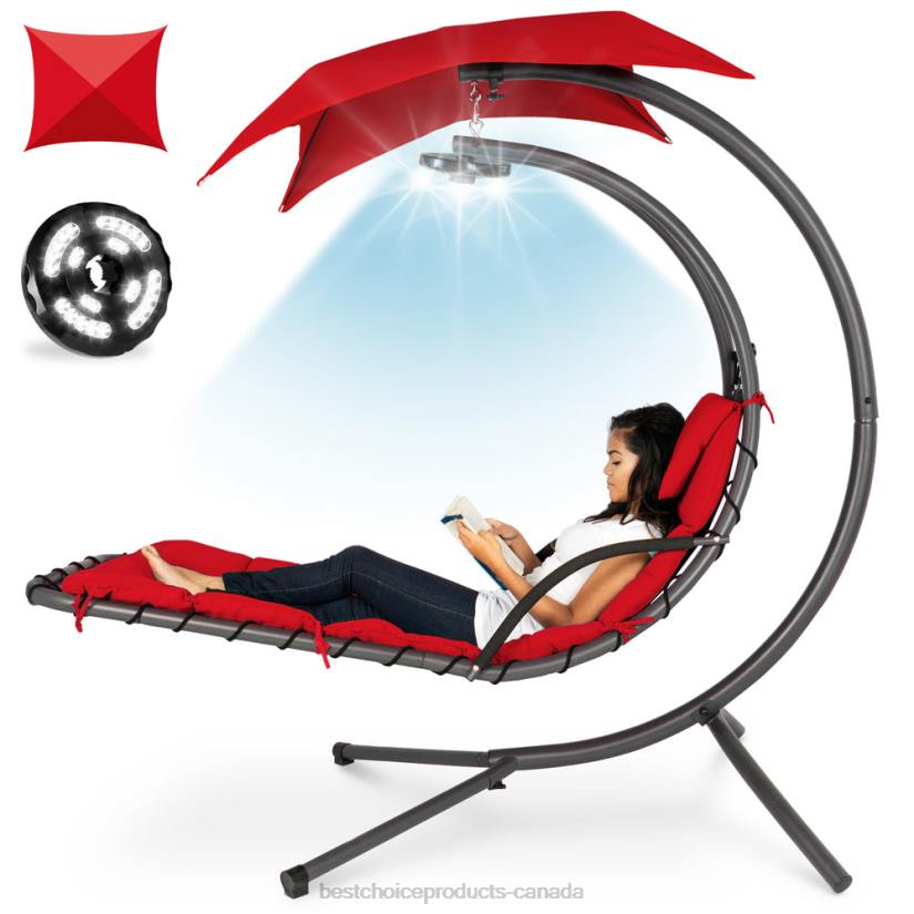 4LT21411 Red Best Choice Products Hanging LED-Lit Curved Chaise Lounge Chair w/ Pillow, Canopy, Stand