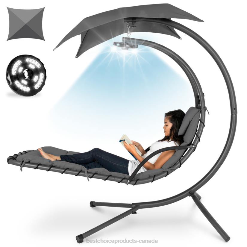 4LT21412 Gray Best Choice Products Hanging LED-Lit Curved Chaise Lounge Chair w/ Pillow, Canopy, Stand