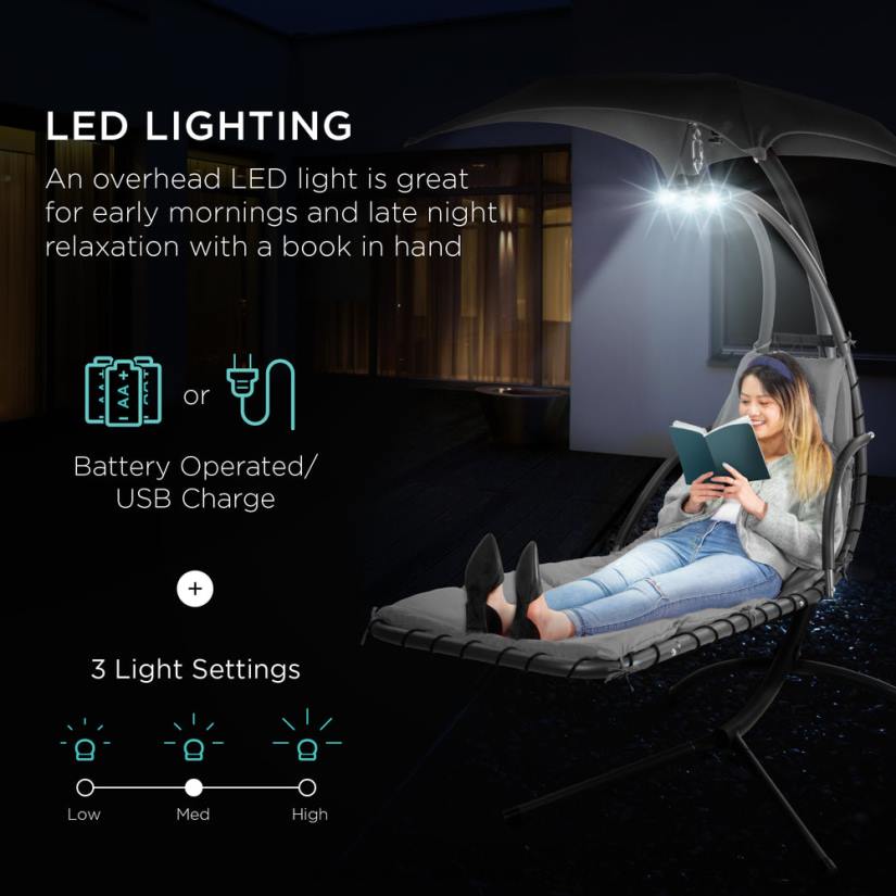 4LT21412 Gray Best Choice Products Hanging LED-Lit Curved Chaise Lounge Chair w/ Pillow, Canopy, Stand