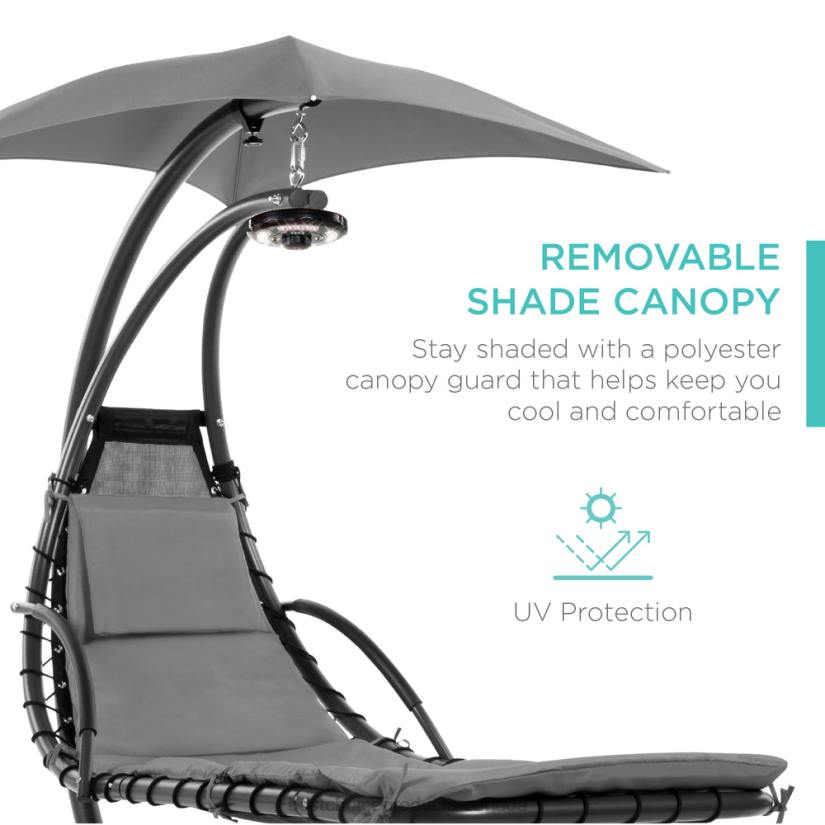 4LT21412 Gray Best Choice Products Hanging LED-Lit Curved Chaise Lounge Chair w/ Pillow, Canopy, Stand