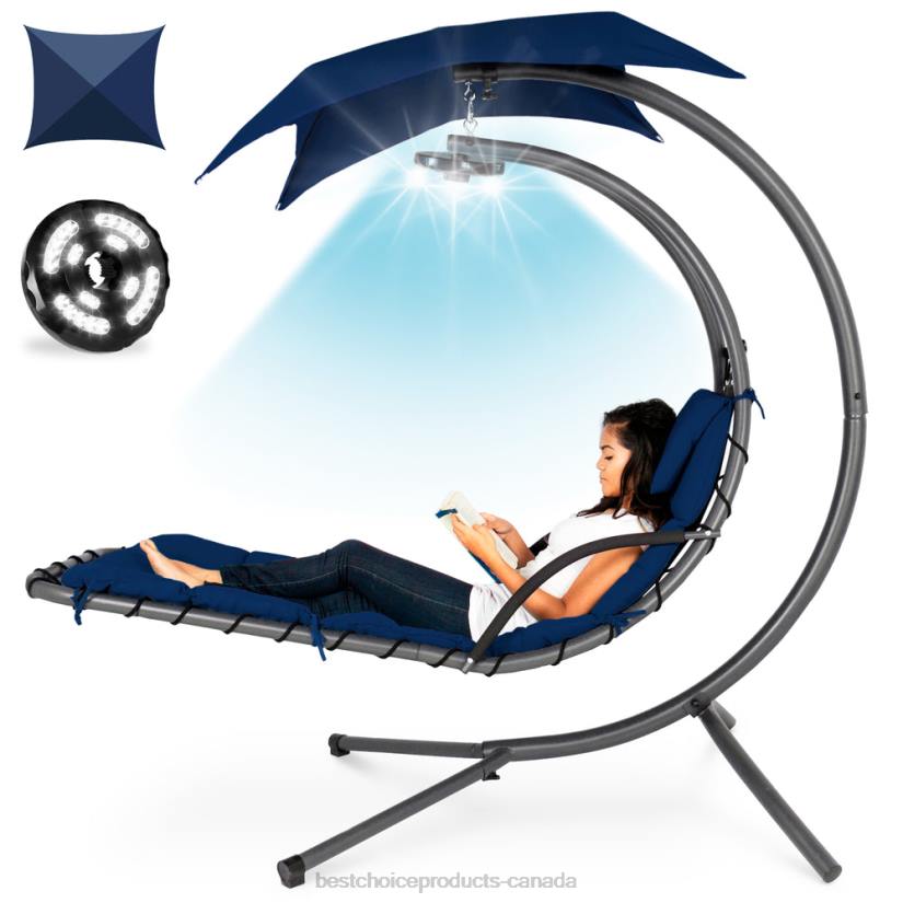 4LT21413 Navy Best Choice Products Hanging LED-Lit Curved Chaise Lounge Chair w/ Pillow, Canopy, Stand