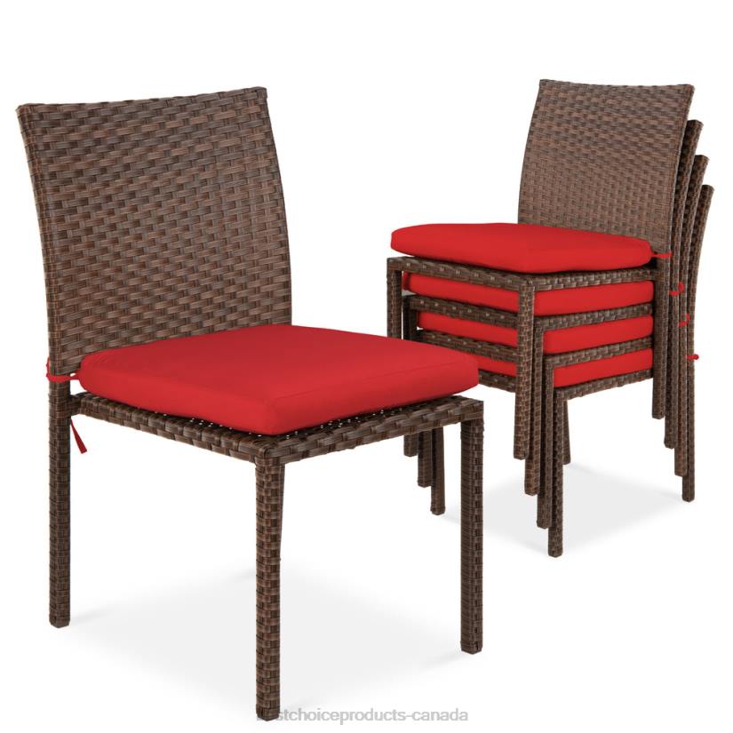 4LT21426 Brown/Red Best Choice Products Set of 4 Stackable Outdoor Patio Wicker Chairs w/ Cushions, UV-Resistance