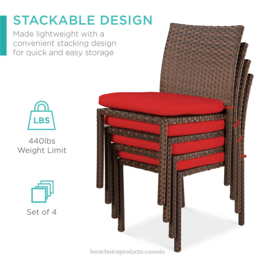 4LT21426 Brown/Red Best Choice Products Set of 4 Stackable Outdoor Patio Wicker Chairs w/ Cushions, UV-Resistance
