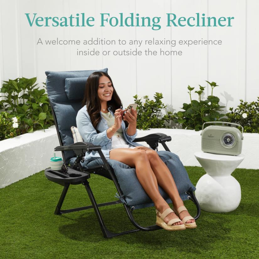 4LT21428 Graphite Blue Best Choice Products Oversized Zero Gravity Chair, Folding Outdoor Recliner w/ Removable Cushion