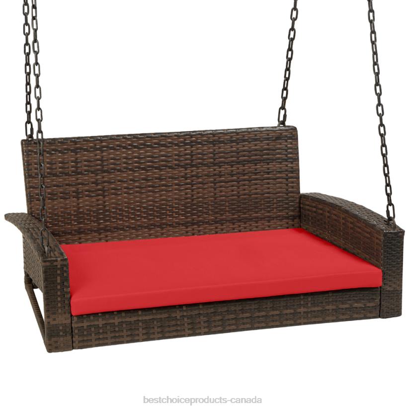 4LT21434 Brown/Red Best Choice Products Woven Wicker Hanging Porch Swing Bench w/ Mounting Chains, Seat Cushion