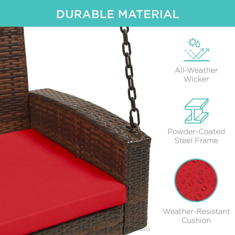 4LT21434 Brown/Red Best Choice Products Woven Wicker Hanging Porch Swing Bench w/ Mounting Chains, Seat Cushion