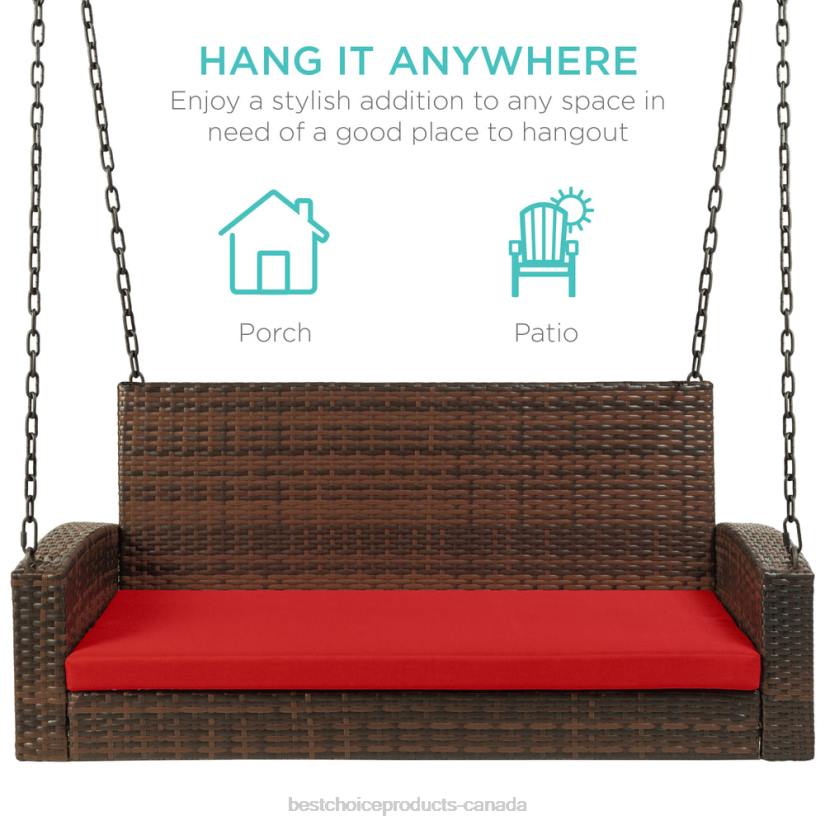 4LT21434 Brown/Red Best Choice Products Woven Wicker Hanging Porch Swing Bench w/ Mounting Chains, Seat Cushion