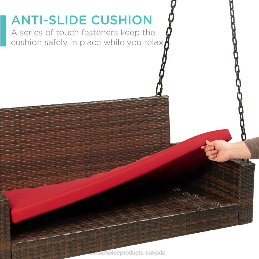 4LT21434 Brown/Red Best Choice Products Woven Wicker Hanging Porch Swing Bench w/ Mounting Chains, Seat Cushion