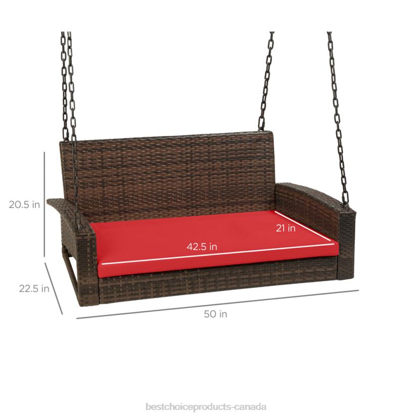 4LT21434 Brown/Red Best Choice Products Woven Wicker Hanging Porch Swing Bench w/ Mounting Chains, Seat Cushion