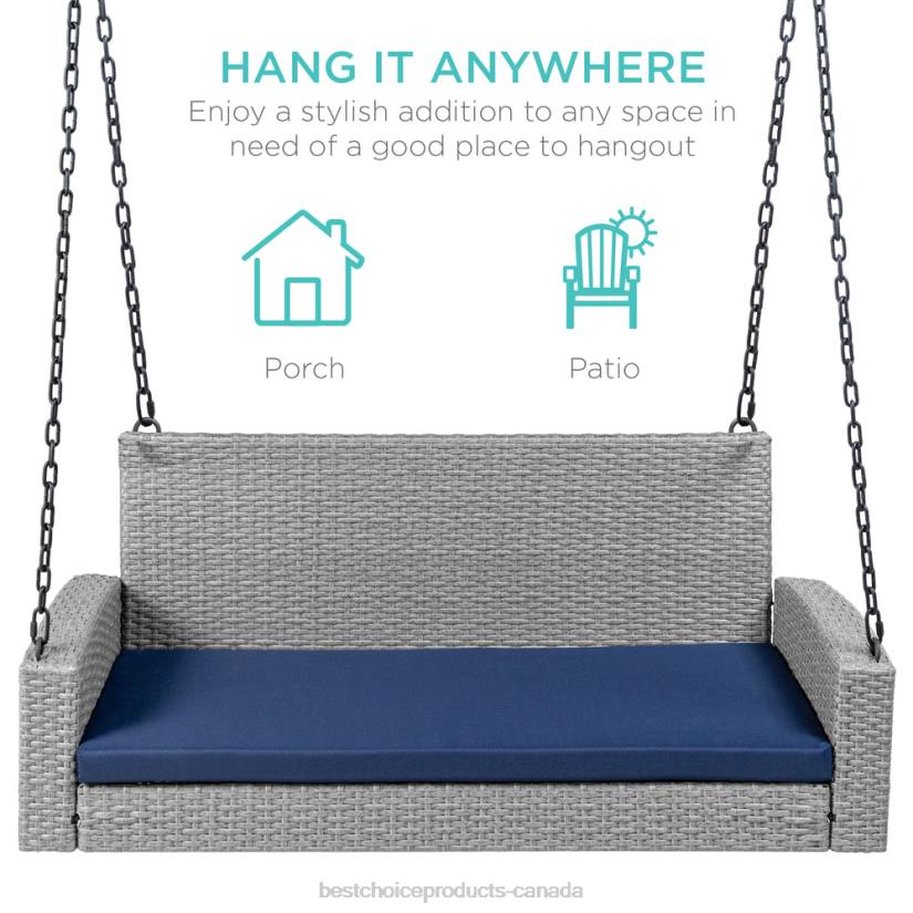 4LT21435 Gray/Navy Best Choice Products Woven Wicker Hanging Porch Swing Bench w/ Mounting Chains, Seat Cushion