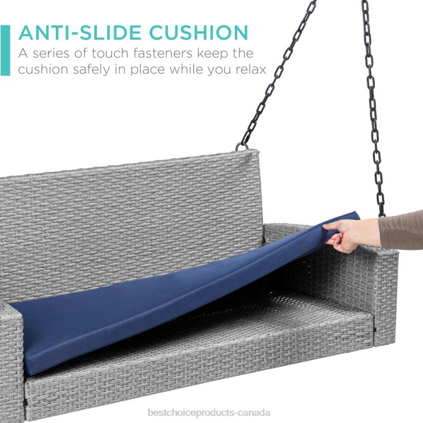 4LT21435 Gray/Navy Best Choice Products Woven Wicker Hanging Porch Swing Bench w/ Mounting Chains, Seat Cushion
