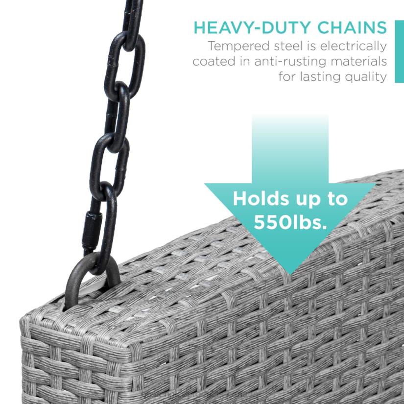 4LT21435 Gray/Navy Best Choice Products Woven Wicker Hanging Porch Swing Bench w/ Mounting Chains, Seat Cushion