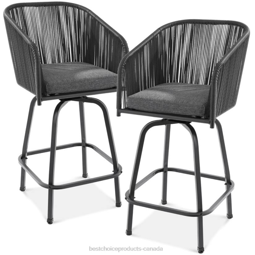 4LT21439 Black/Gray Best Choice Products Set of 2 Woven Wicker Swivel Barstools w/ 360 Rotation, Steel Frame