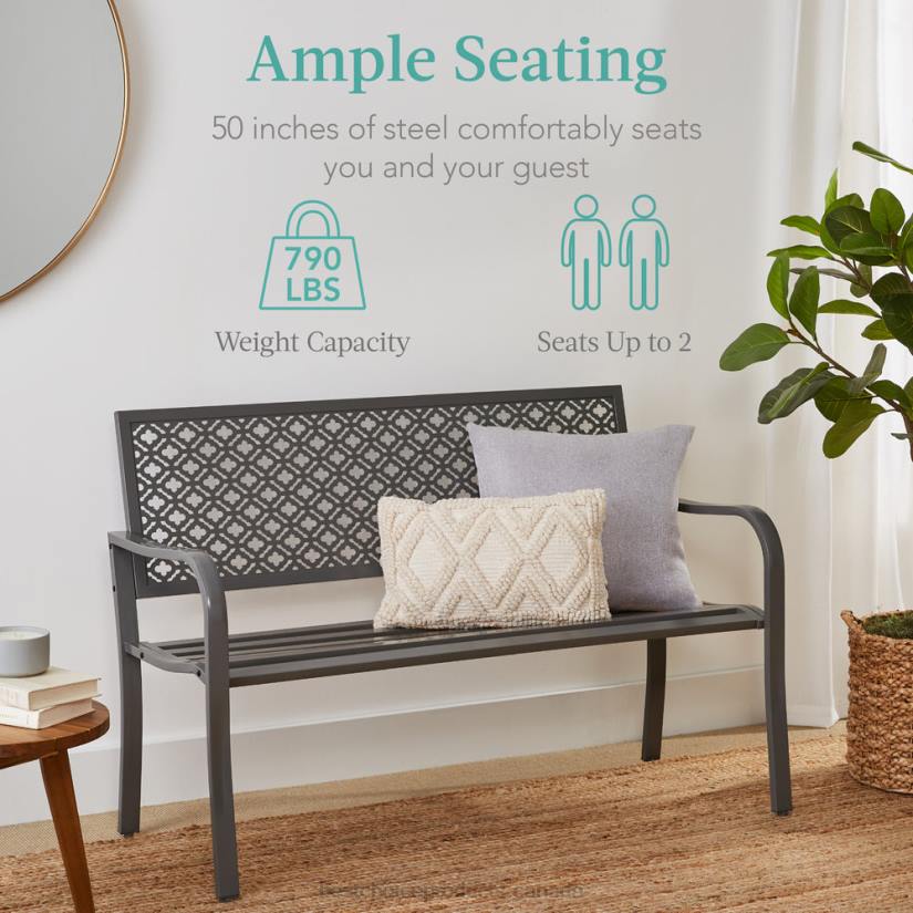 4LT21448 Gray Best Choice Products Indoor Outdoor Steel Bench w/ Geometric Backrest, Foot Levelers