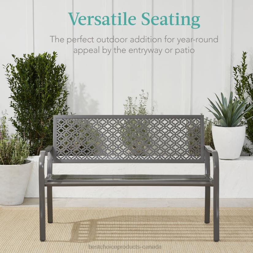 4LT21448 Gray Best Choice Products Indoor Outdoor Steel Bench w/ Geometric Backrest, Foot Levelers