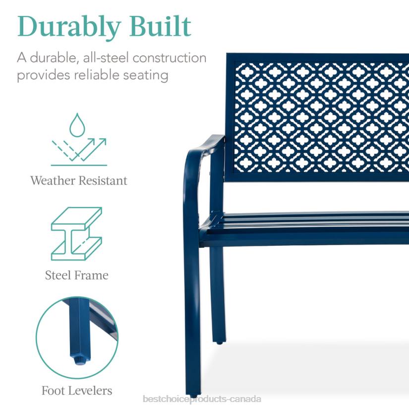4LT21449 Peacock Blue Best Choice Products Indoor Outdoor Steel Bench w/ Geometric Backrest, Foot Levelers