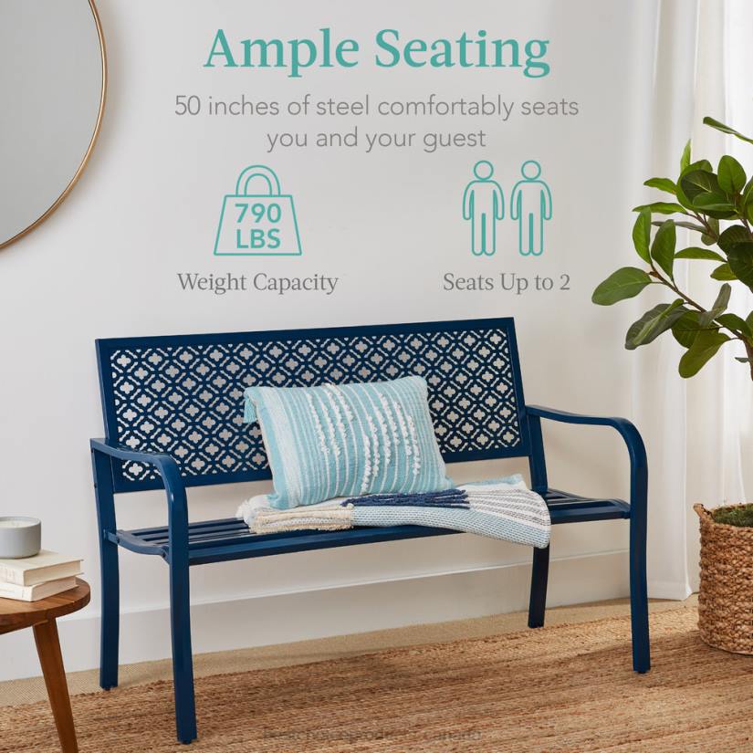 4LT21449 Peacock Blue Best Choice Products Indoor Outdoor Steel Bench w/ Geometric Backrest, Foot Levelers