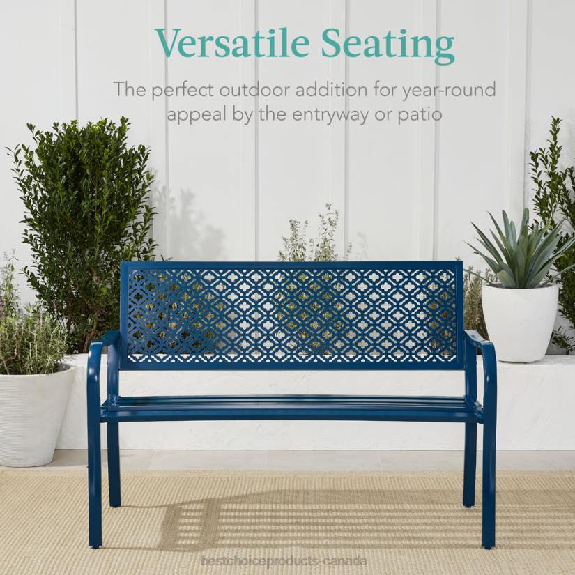4LT21449 Peacock Blue Best Choice Products Indoor Outdoor Steel Bench w/ Geometric Backrest, Foot Levelers