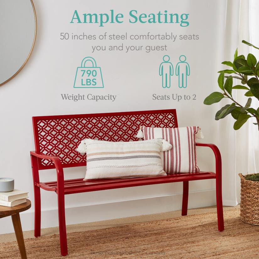 4LT21450 Rose Red Best Choice Products Indoor Outdoor Steel Bench w/ Geometric Backrest, Foot Levelers