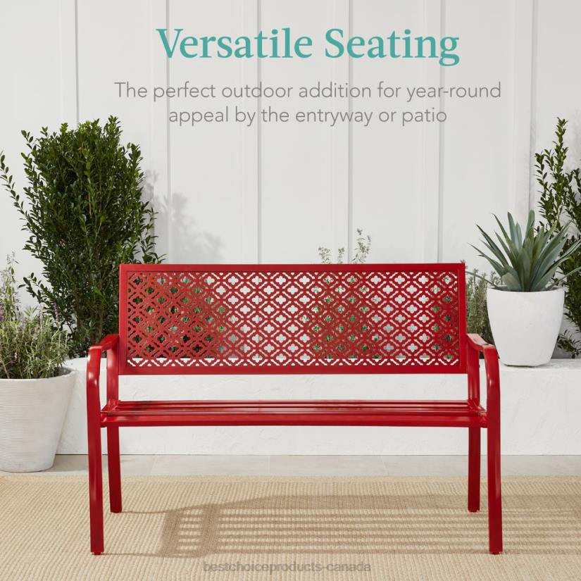 4LT21450 Rose Red Best Choice Products Indoor Outdoor Steel Bench w/ Geometric Backrest, Foot Levelers