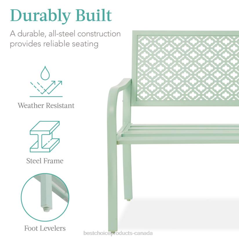 4LT21451 Mint Green Best Choice Products Indoor Outdoor Steel Bench w/ Geometric Backrest, Foot Levelers