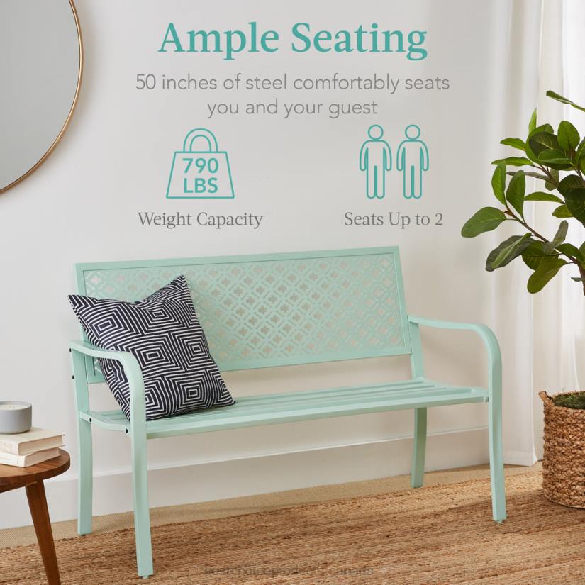 4LT21451 Mint Green Best Choice Products Indoor Outdoor Steel Bench w/ Geometric Backrest, Foot Levelers