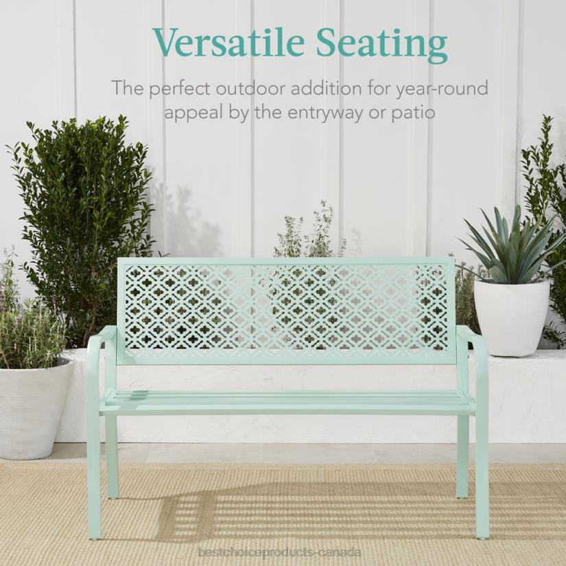 4LT21451 Mint Green Best Choice Products Indoor Outdoor Steel Bench w/ Geometric Backrest, Foot Levelers