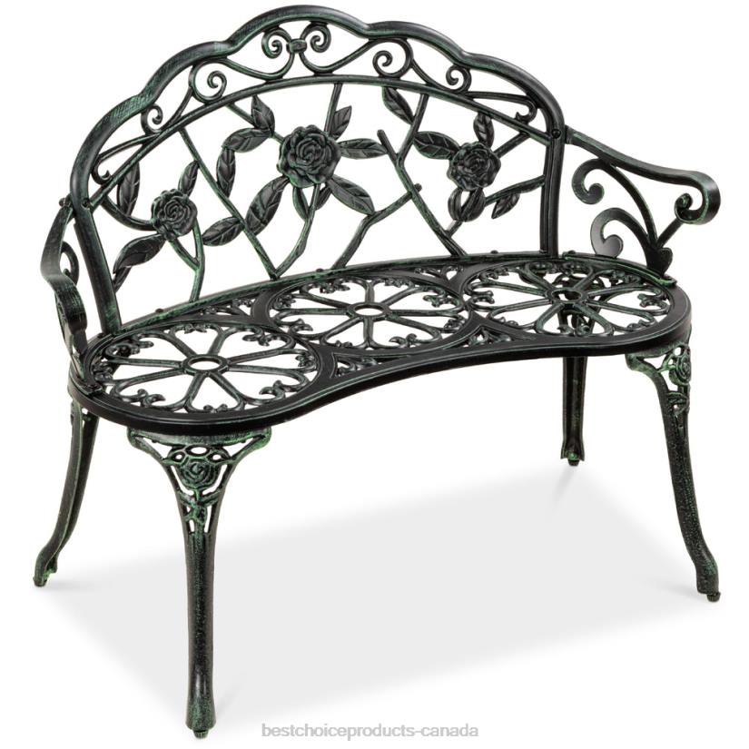 4LT21453 Green/Black Best Choice Products Steel Garden Bench Outdoor Patio Furniture w/ Floral Rose Accent