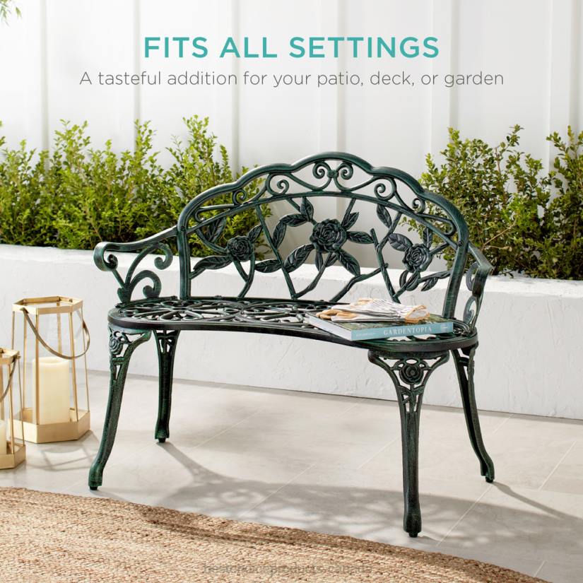 4LT21453 Green/Black Best Choice Products Steel Garden Bench Outdoor Patio Furniture w/ Floral Rose Accent