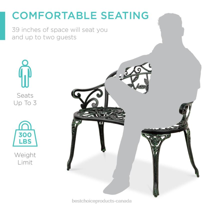 4LT21453 Green/Black Best Choice Products Steel Garden Bench Outdoor Patio Furniture w/ Floral Rose Accent