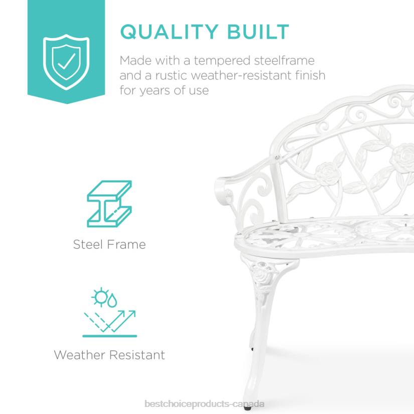 4LT21455 White Best Choice Products Steel Garden Bench Outdoor Patio Furniture w/ Floral Rose Accent