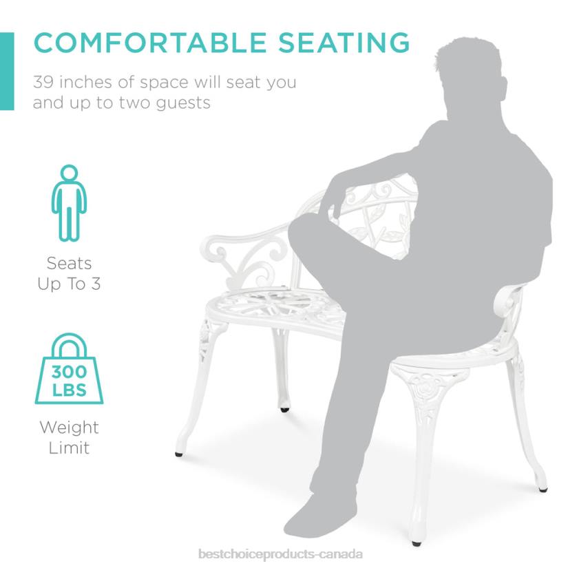 4LT21455 White Best Choice Products Steel Garden Bench Outdoor Patio Furniture w/ Floral Rose Accent