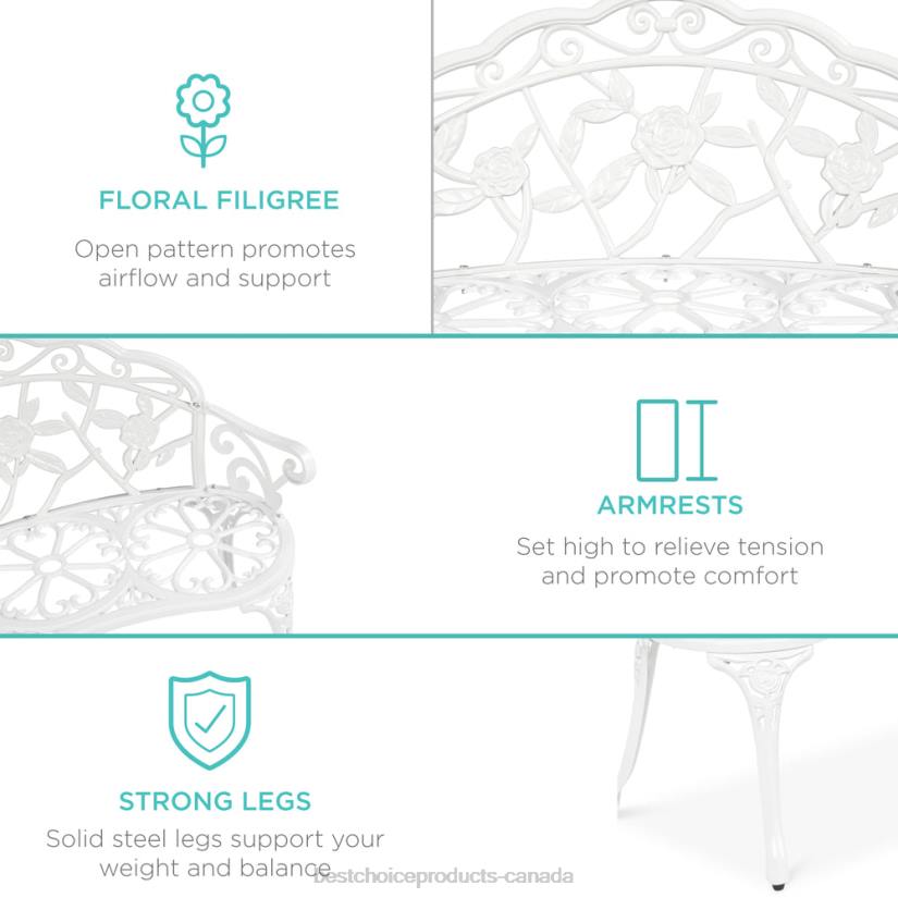 4LT21455 White Best Choice Products Steel Garden Bench Outdoor Patio Furniture w/ Floral Rose Accent