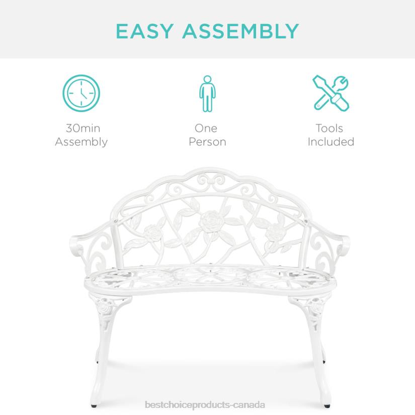 4LT21455 White Best Choice Products Steel Garden Bench Outdoor Patio Furniture w/ Floral Rose Accent