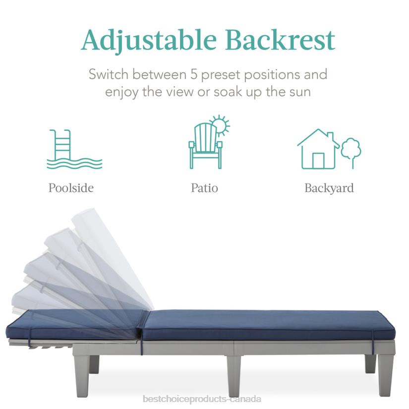 4LT21470 Gray/Navy Best Choice Products Outdoor Patio Lounge Chair, Resin Chaise Lounger w/ Seat Cushion, 5 Positions