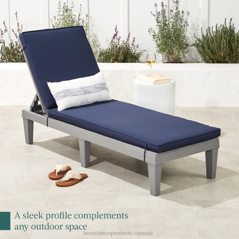 4LT21470 Gray/Navy Best Choice Products Outdoor Patio Lounge Chair, Resin Chaise Lounger w/ Seat Cushion, 5 Positions