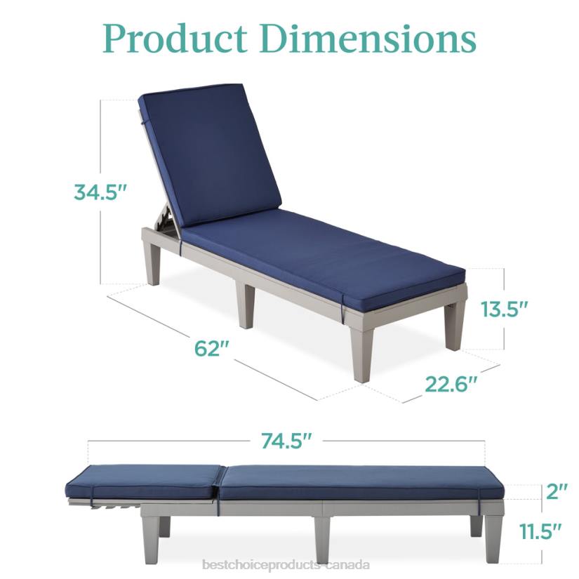 4LT21470 Gray/Navy Best Choice Products Outdoor Patio Lounge Chair, Resin Chaise Lounger w/ Seat Cushion, 5 Positions