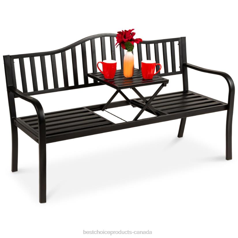 4LT21482 Black Best Choice Products Steel Bench for Outdoor Patio and Garden w/ Pullout Middle Table