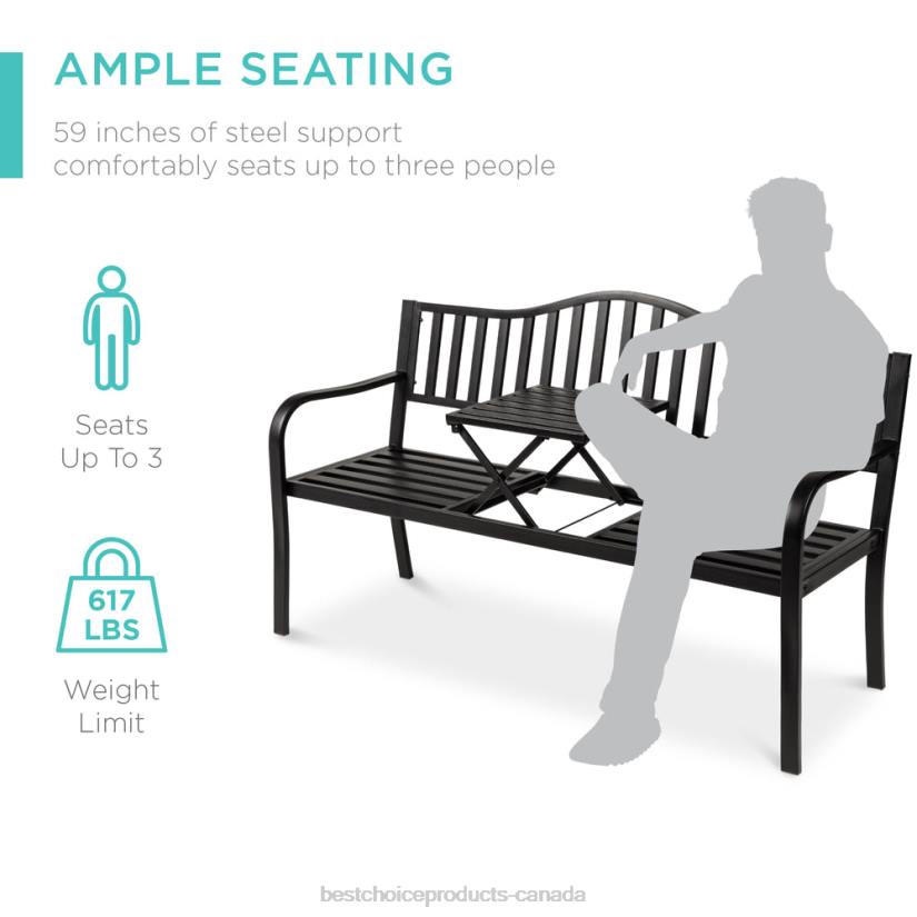 4LT21482 Black Best Choice Products Steel Bench for Outdoor Patio and Garden w/ Pullout Middle Table