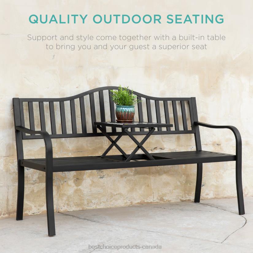 4LT21482 Black Best Choice Products Steel Bench for Outdoor Patio and Garden w/ Pullout Middle Table