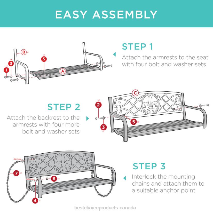 4LT21483 Black Best Choice Products 2-Person Outdoor Metal Hanging Swing Bench w/ Fleur-de-Lis Accents