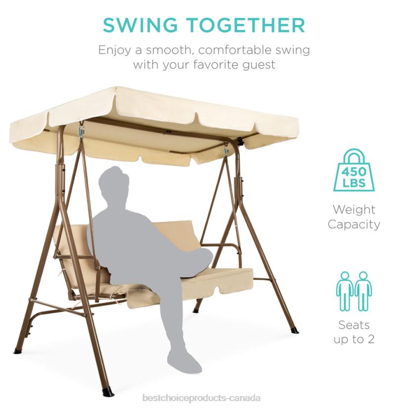 4LT2394 Beige Best Choice Products 2-Person Outdoor Canopy Swing Glider Furniture w/ Cushions, Steel Frame