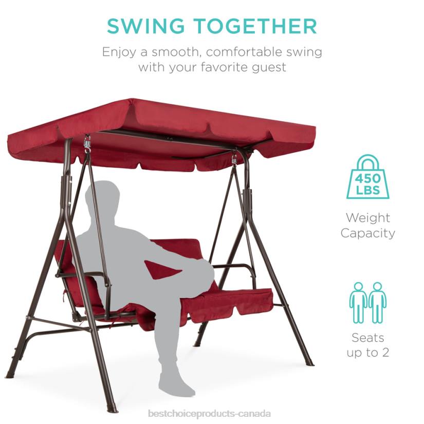 4LT2396 Burgundy Best Choice Products 2-Person Outdoor Canopy Swing Glider Furniture w/ Cushions, Steel Frame
